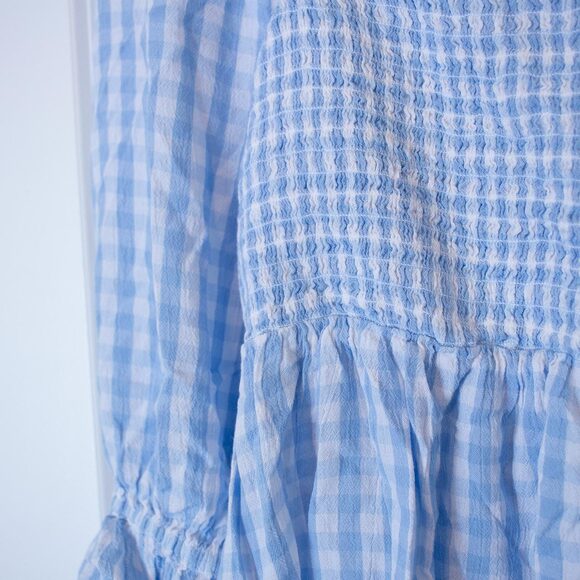 S Crown & Ivy Gingham Kawaii Peasant Smock Blouse Cute Baby Blue Ruffle Cottage - Picture 3 of 6